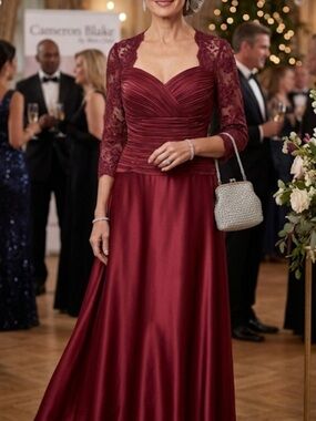 NWT Cameron Blake by Mon Cheri Wine Lace A-Line Gown Dress Size 14